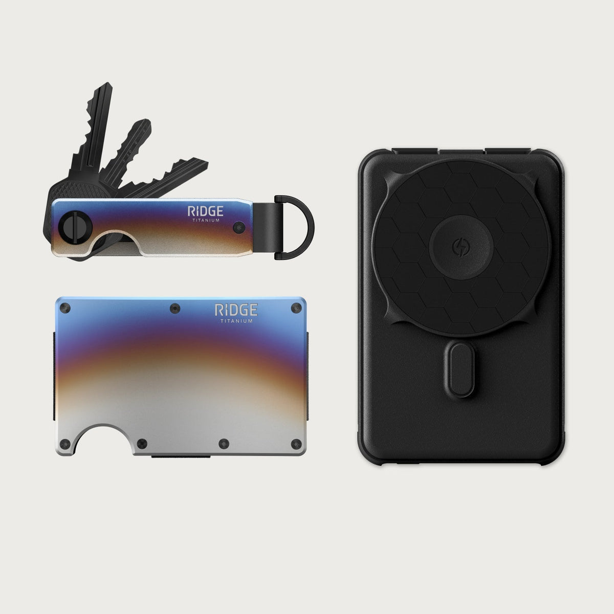 Ridge Wallet + Power Bank + KeyCase - Burnt Titanium + Matte Black + Burnt Titanium