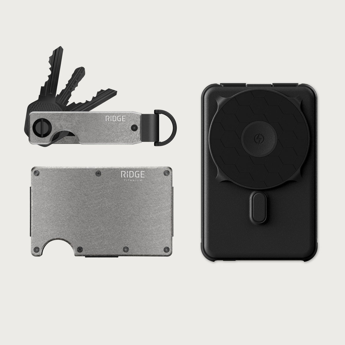 Ridge Wallet + Power Bank + KeyCase - Stonewashed Titanium + Matte Black + Stonewashed Titanium