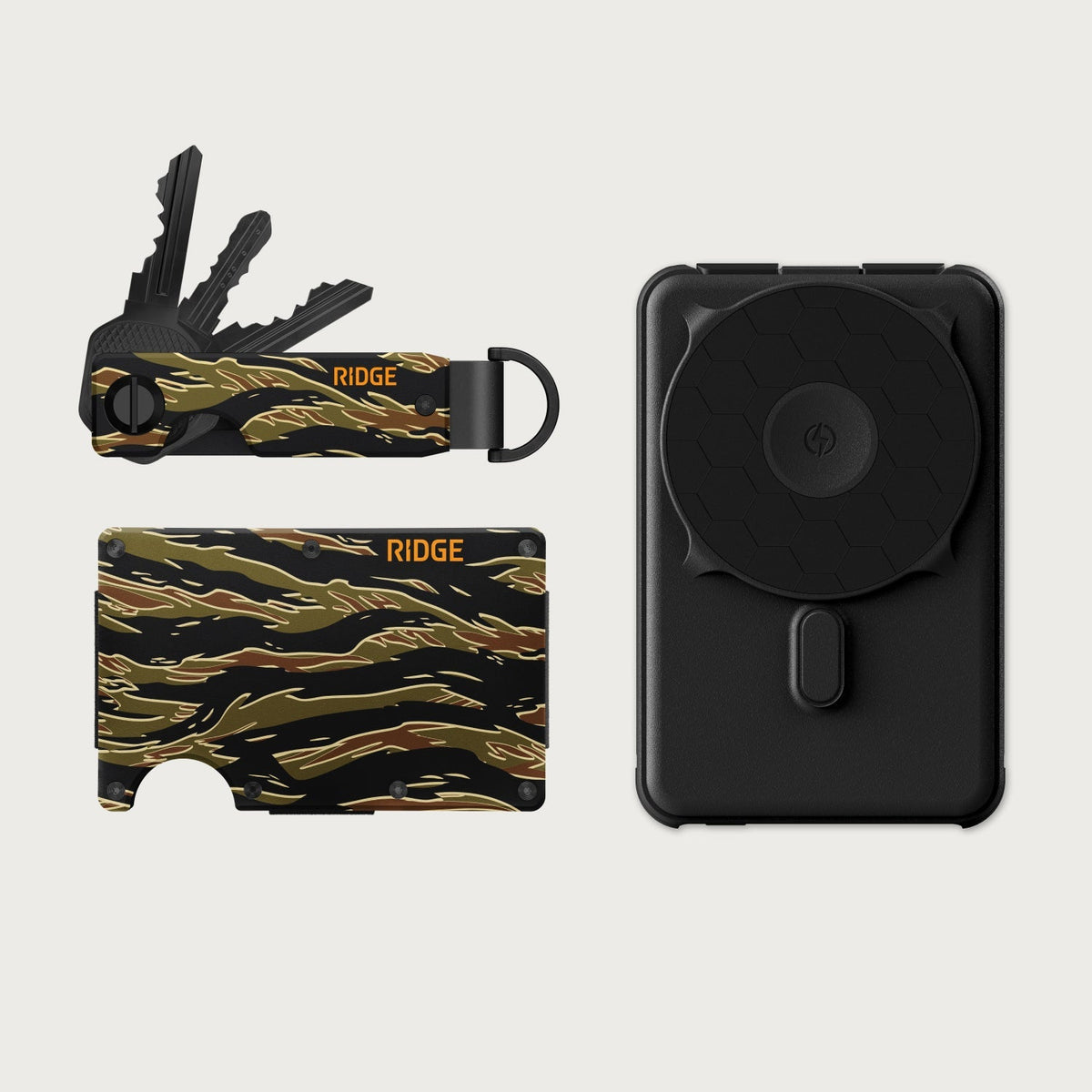 Ridge Wallet + Power Bank + KeyCase - Tiger Stripe + Matte Black + Tiger Stripe